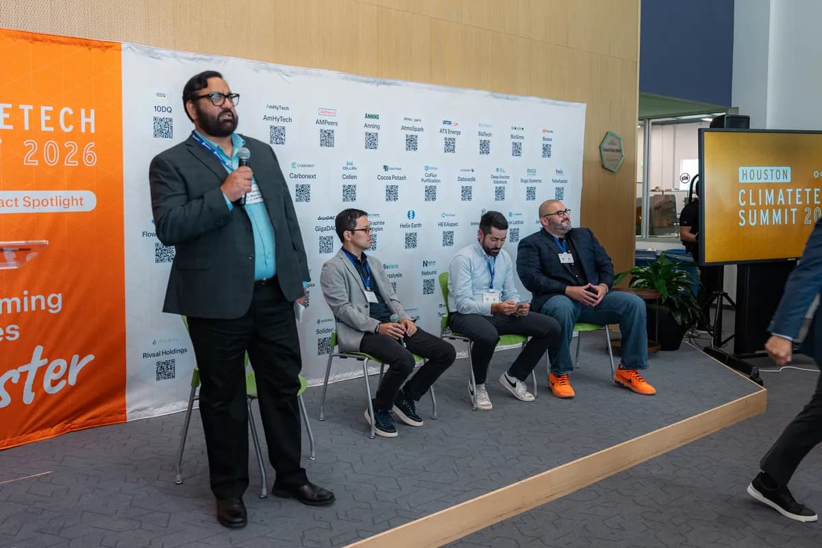 The corporate venture capital panel on stage at Greentown Houston