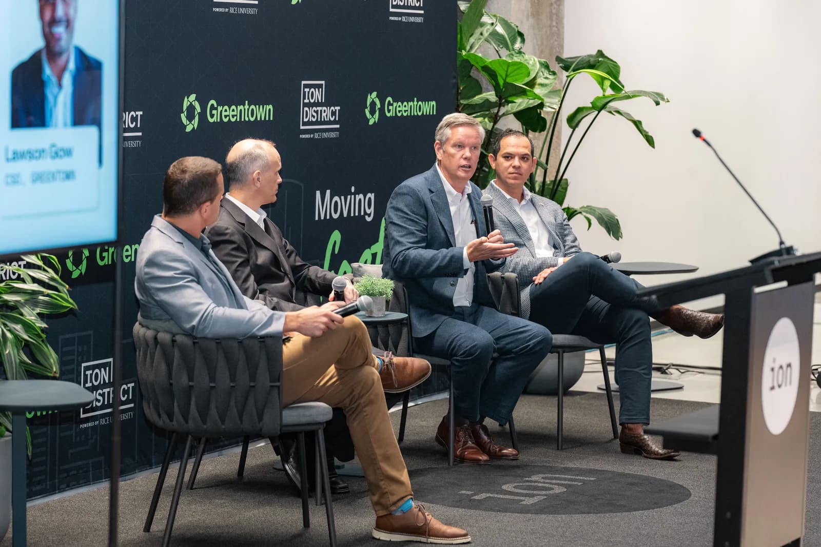 Lawson Gow moderates the nuclear panel with Bobby Gallagher, Christopher Hanson, and Marcus Nichol at Houston Climatetech Summit 2026
