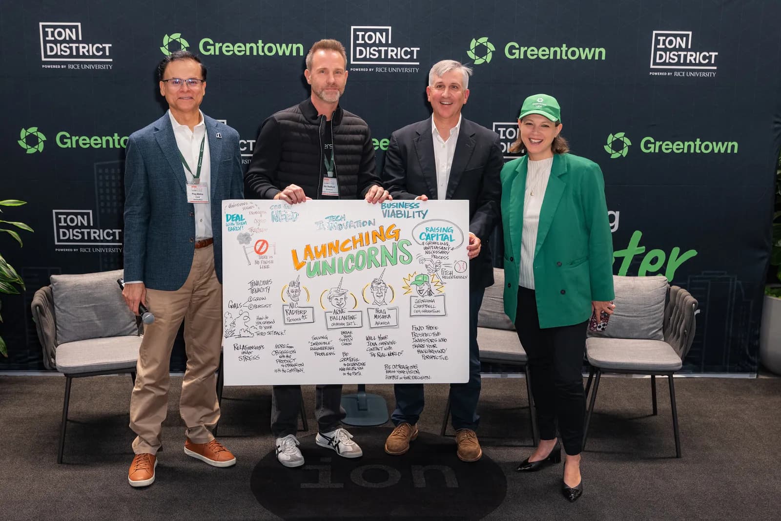 Nic Radford, Arne Ballantine, Prag Mishra, and Georgina Campbell Flatter with the live graphic recording of the Unicorn Founders panel